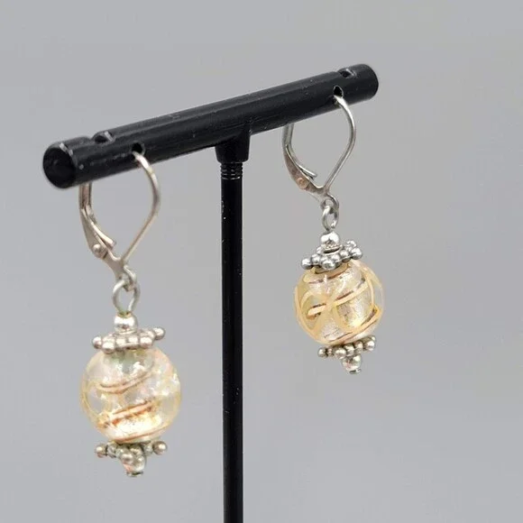 Yellow Swirl Glass Bead Pierced Earrings Silver tone Dangle 3/4" - Picture 6 of 9